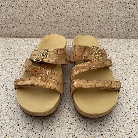 WOMENS VIONIC RIO ADJUSTABLE PLATFORM SANDAL LEATHER GOLD CORK SIZE 10 - Picture 2 of 12